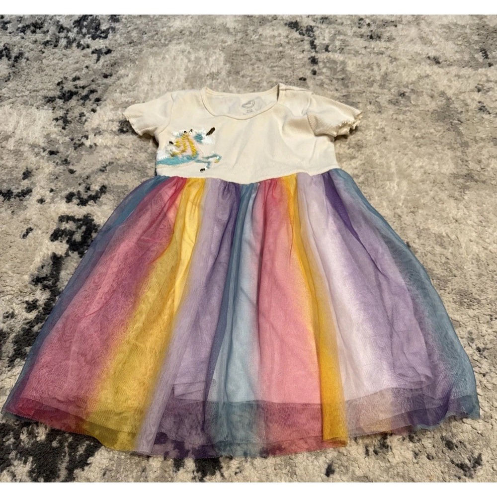 Wonder Nation Girls Unicorn Sequin Rainbow Tulle Dress Cream Size 6 6X BB117